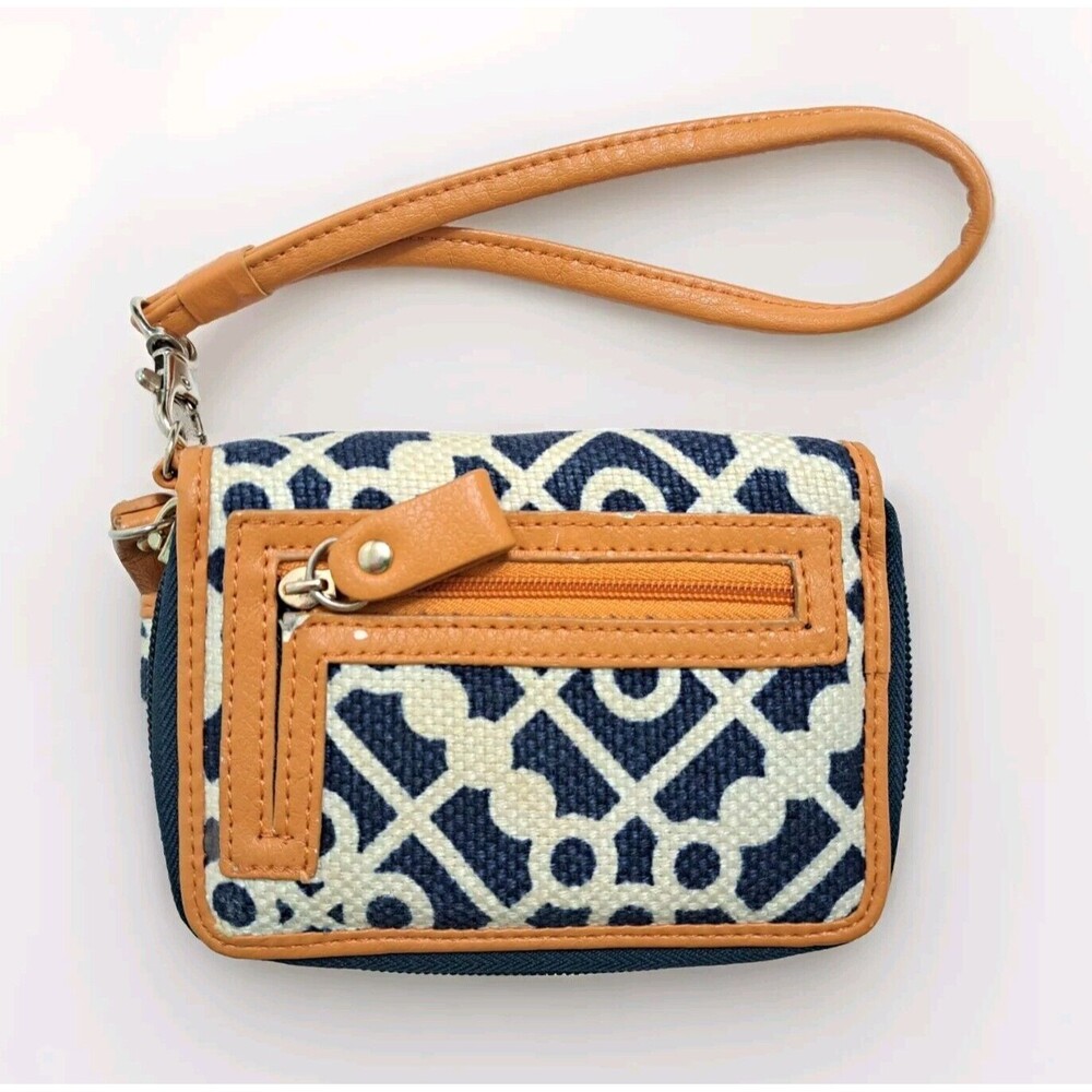Spartina Daufuskie Blue White Genuine Leather Natural Linen Card Wallet Wristlet